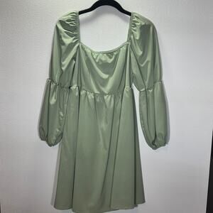 EXLURA Sage Green Puff Sleeve Dress M/L Square Neck A-Line Romantic Style